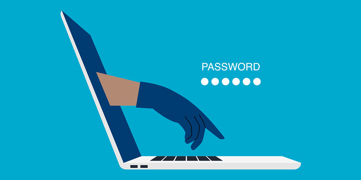 Hand reaches out of Laptop to type "Password" on keyboard