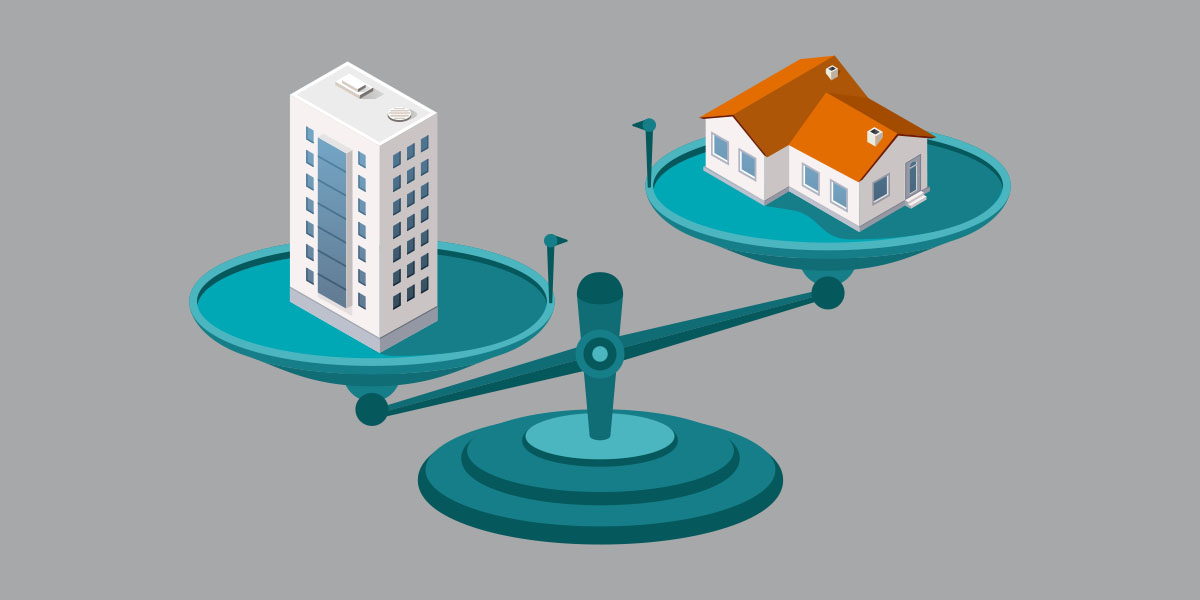 Apartment and home on opposite sides of a scale